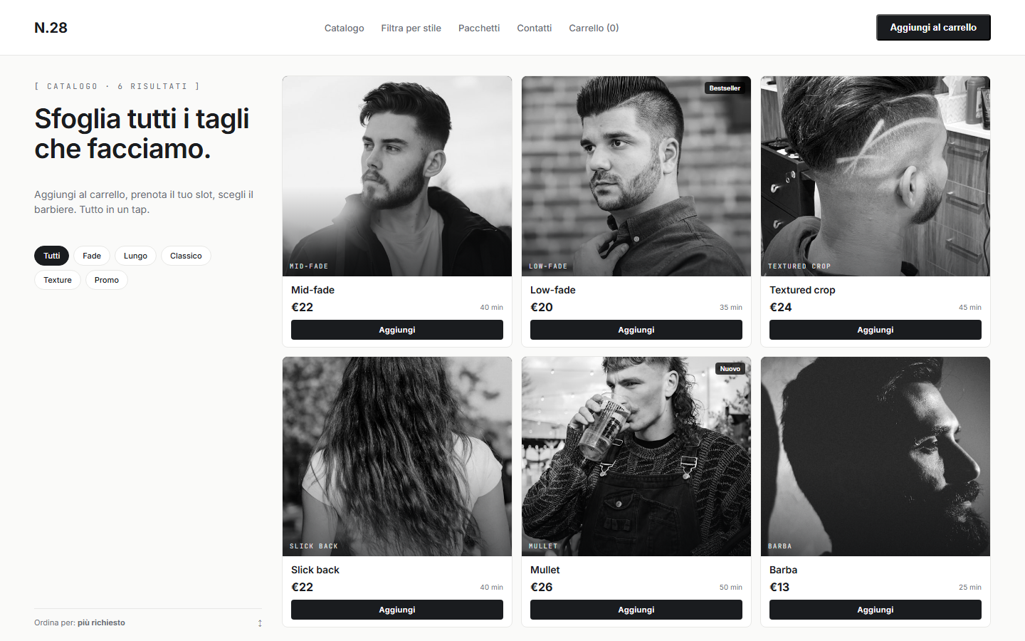 Hero concept vetrina servizi e-commerce con catalogo 6 tagli e carrello